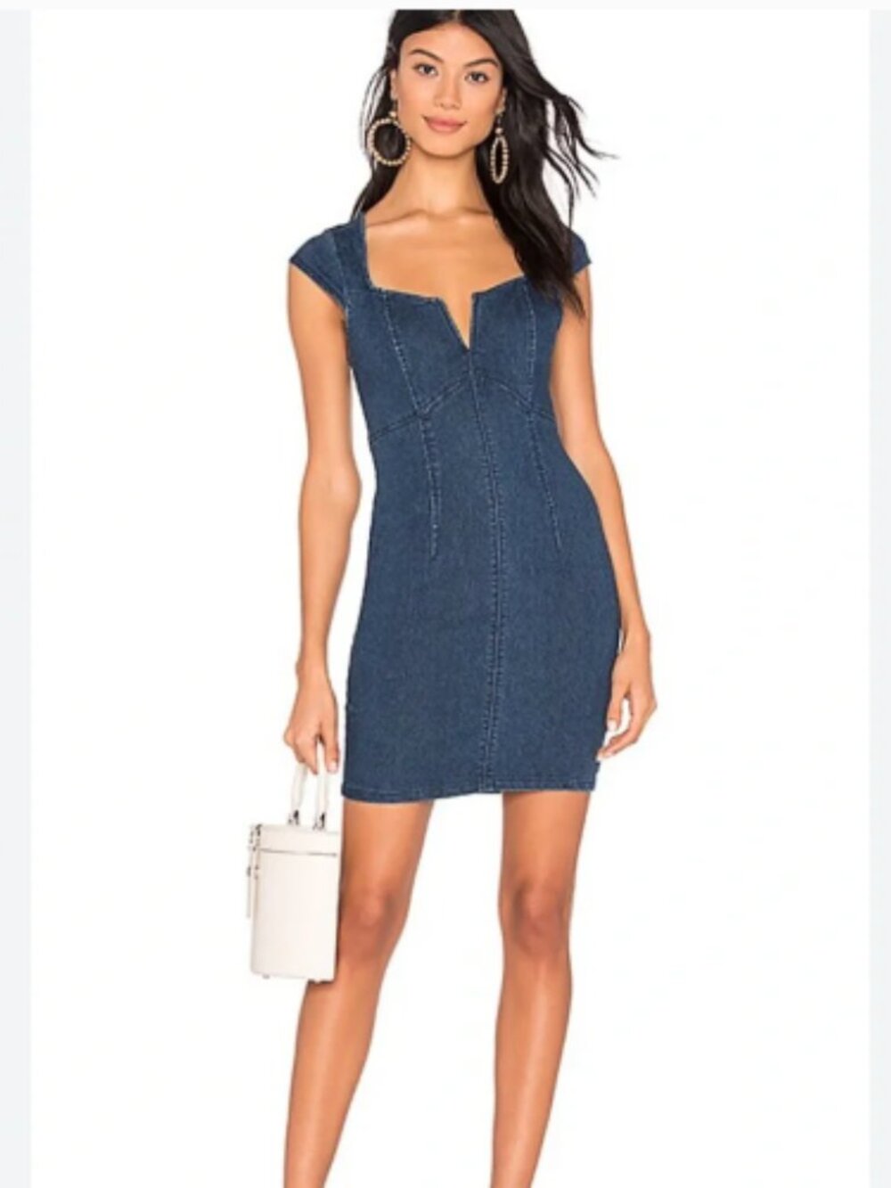 FREE PEOPLE Lia Denim Mini Dress In‎ Blue Stretch Sweetheart